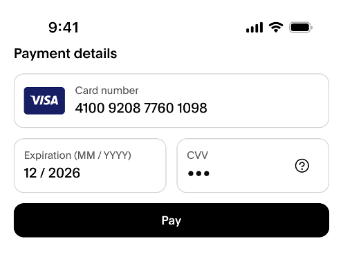 iOS,payment,details,screen,with,a,valid,card,number,,expiration,date,,and,CVV,entered,,showing,the,enabled,Pay,button.