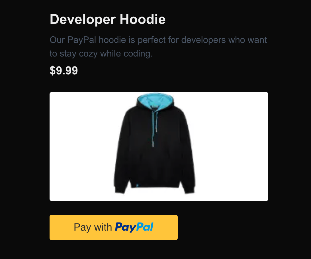 A live PayPal button on a Next.js product page. PayPal checkout button in a Next.js product page