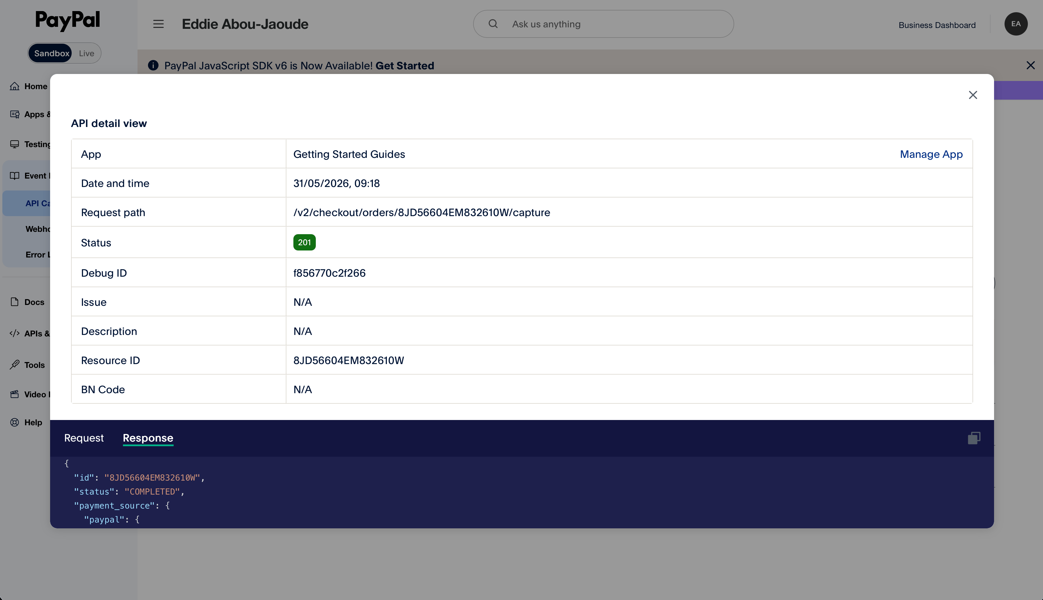 Drill into a single API call. PayPal Sandbox dashboard API call details