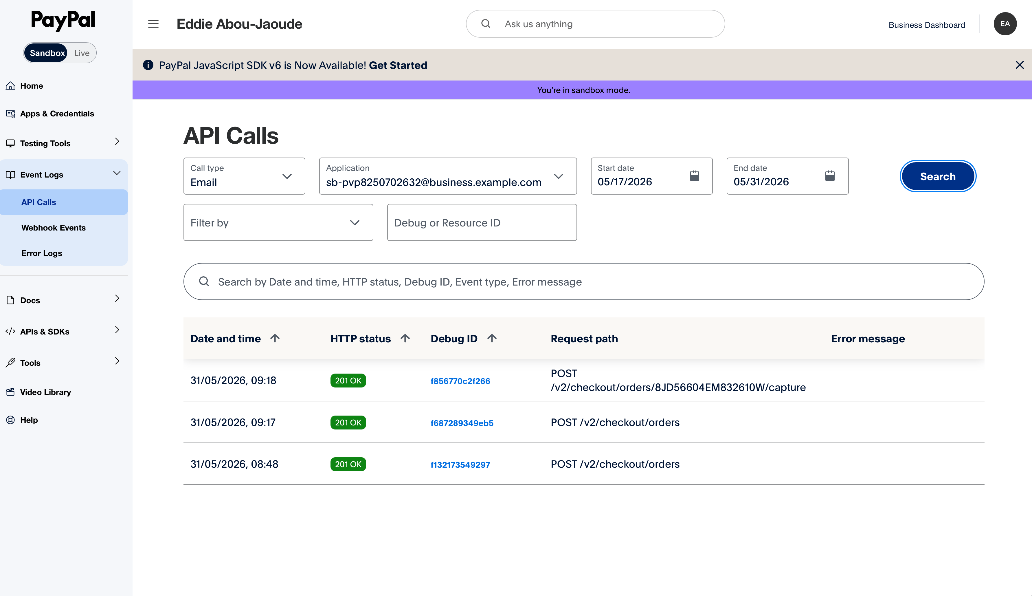 The order in Sandbox Event logs. PayPal Sandbox dashboard API calls