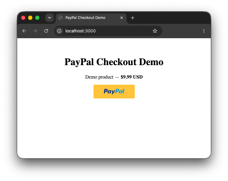 The finished app, showing the PayPal button and a successful payment message The finished app