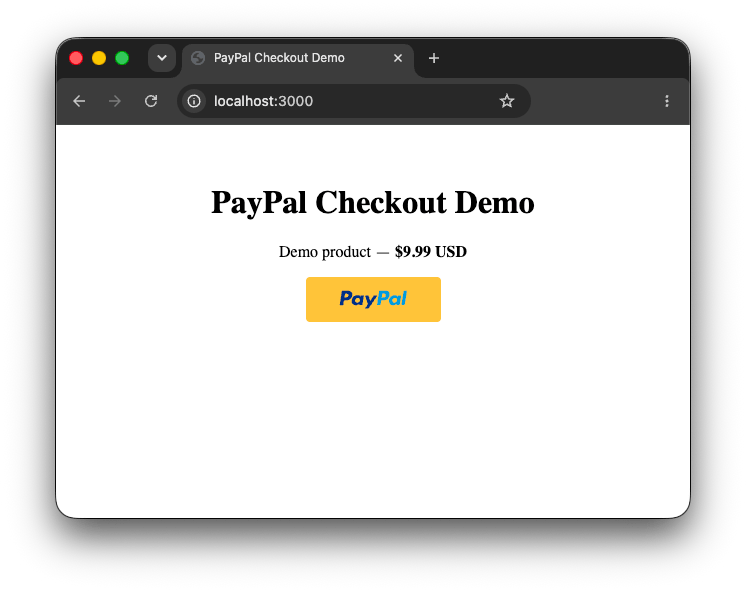 The finished app, showing the PayPal button and a successful payment message The finished app