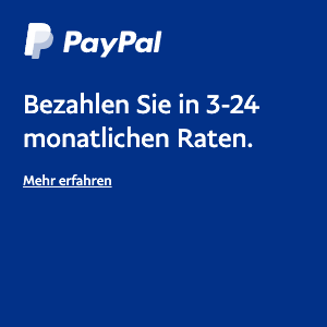 A square Ratenzahlung flex message for a Pay Later offer with white text and logo on a blue background