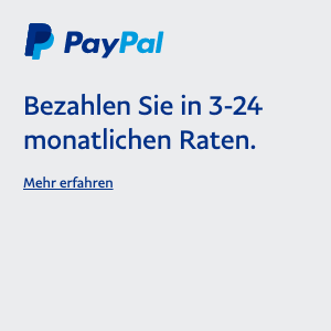 A square Ratenzahlung flex message for a Pay Later offer with blue text and a colored logo on a light gray background