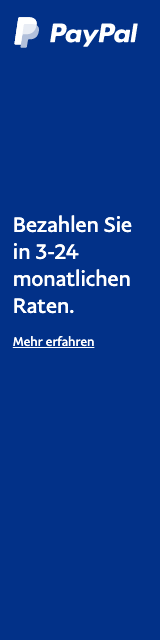 A rectangular Ratenzahlung flex message with a width to height ratio of 1x4 for a Pay Later offer with white text and logo on a blue background