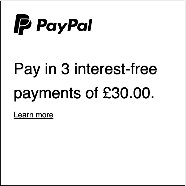 A square British flex message for a Pay Later offer with black text and logo on a white background