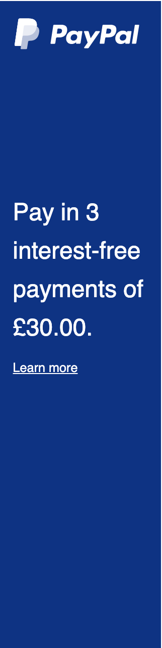 A rectangular British flex message with a width to height ratio of 1x4 for a Pay Later offer with white text and logo on a blue background