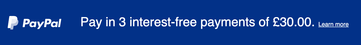 A rectangular gb flex message with a width to height ratio of 8x1 for a Pay Later offer with white text and logo on a blue background