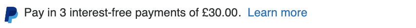 British text message for a Pay Later offer with 12 pixel font, left-aligned, black text on a white background, with a PayPal logo displaying only the PayPal icon on the left side of the text