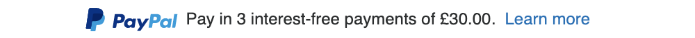 British text message for a Pay Later offer with 12 pixel font, left-aligned, black text on a white background, with a PayPal logo displaying the PayPal icon and name on the left side of the text center