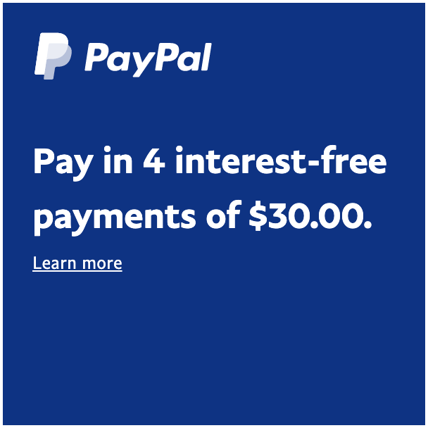 A square US flex message for a Pay Later offer with white text and logo on a blue background