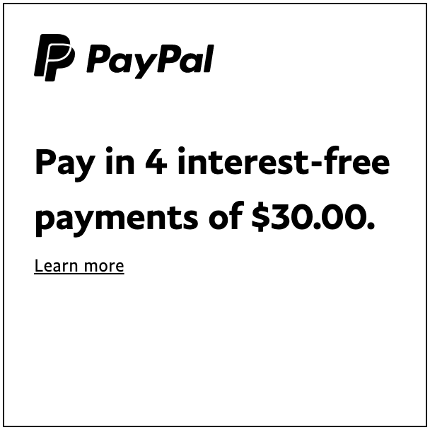 A square US flex message for a Pay Later offer with black text and logo on a white background