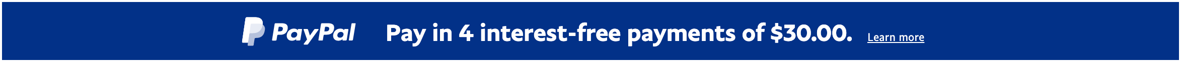 A rectangular US flex message with a width to height ratio of 20x1 for a Pay Later offer with white text and logo on a blue background