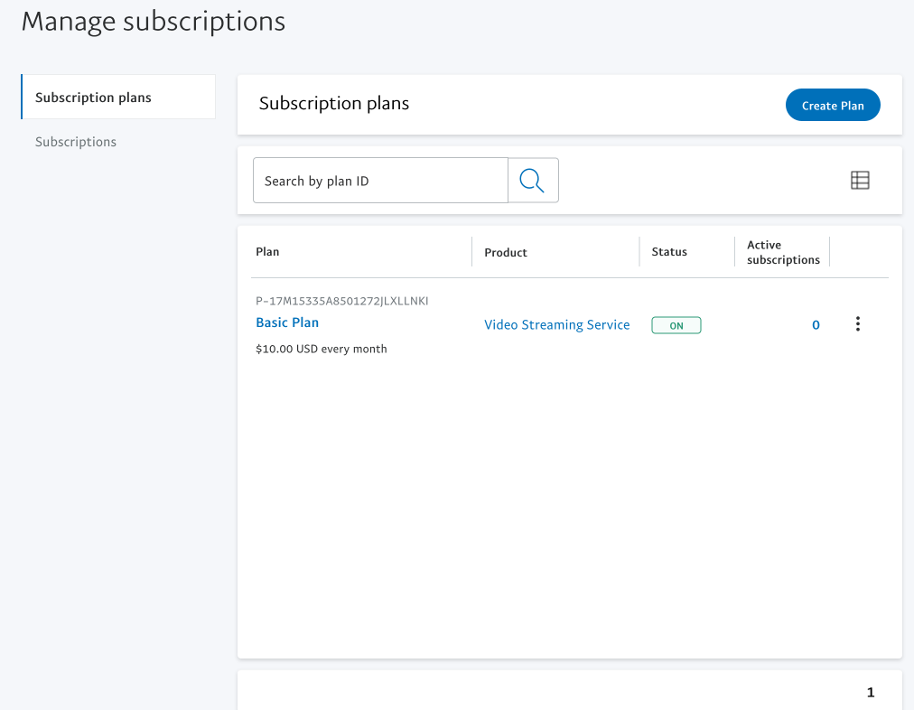 Screenshot of subscription plan in a PayPal business account dashboard