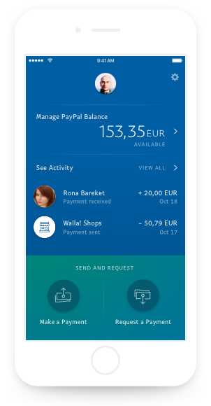 A phone screen showing the dashboard view of the PayPal payment app.