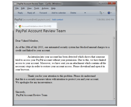A screen shot of a phishing email purporting to be from the PayPal account review team.