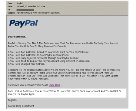 Example of a PayPal email highlighting a sign that shows it may be a phishing email.