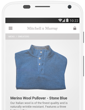 A mobile phone showing the product page of a sweater on an ecommerce website.