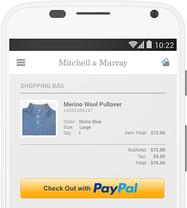 A phone screen showing the shopping cart on the Mitchell & Murray online store and the option to checkout with PayPal.