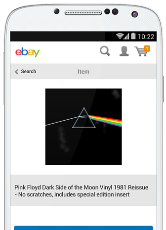 A phone screen displaying an eBay listing for a Pink Floyd- Dark Side of the Moon record.