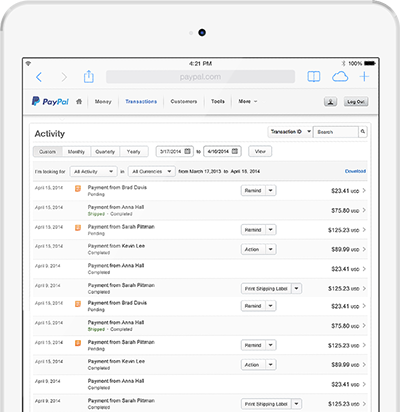 A tablet showing the activity history on a person's PayPal account.