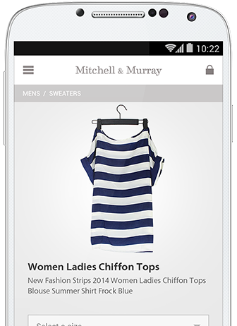 Una pantalla de teléfono que muestra un vestido de gasa a rayas del sitio web de Mitchell & Murray.