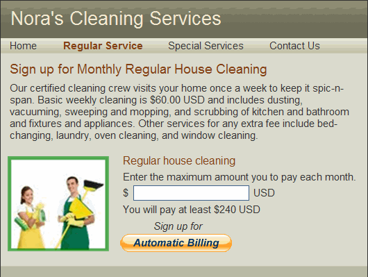 Automatic Billing Button on customer page - Nora's Cleaning Service
