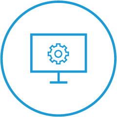 Un ícono de una computadora de escritorio azul con un engranaje de configuración adentro.