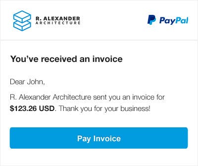 A PayPal invoice notification with a blue button that says "Pay Invoice".