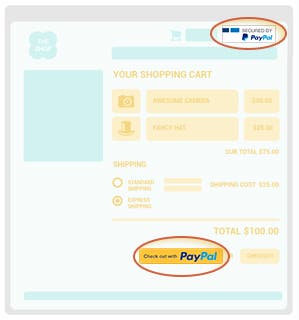 Image of a website with Paypal logo and checkout with Paypal button highlighted